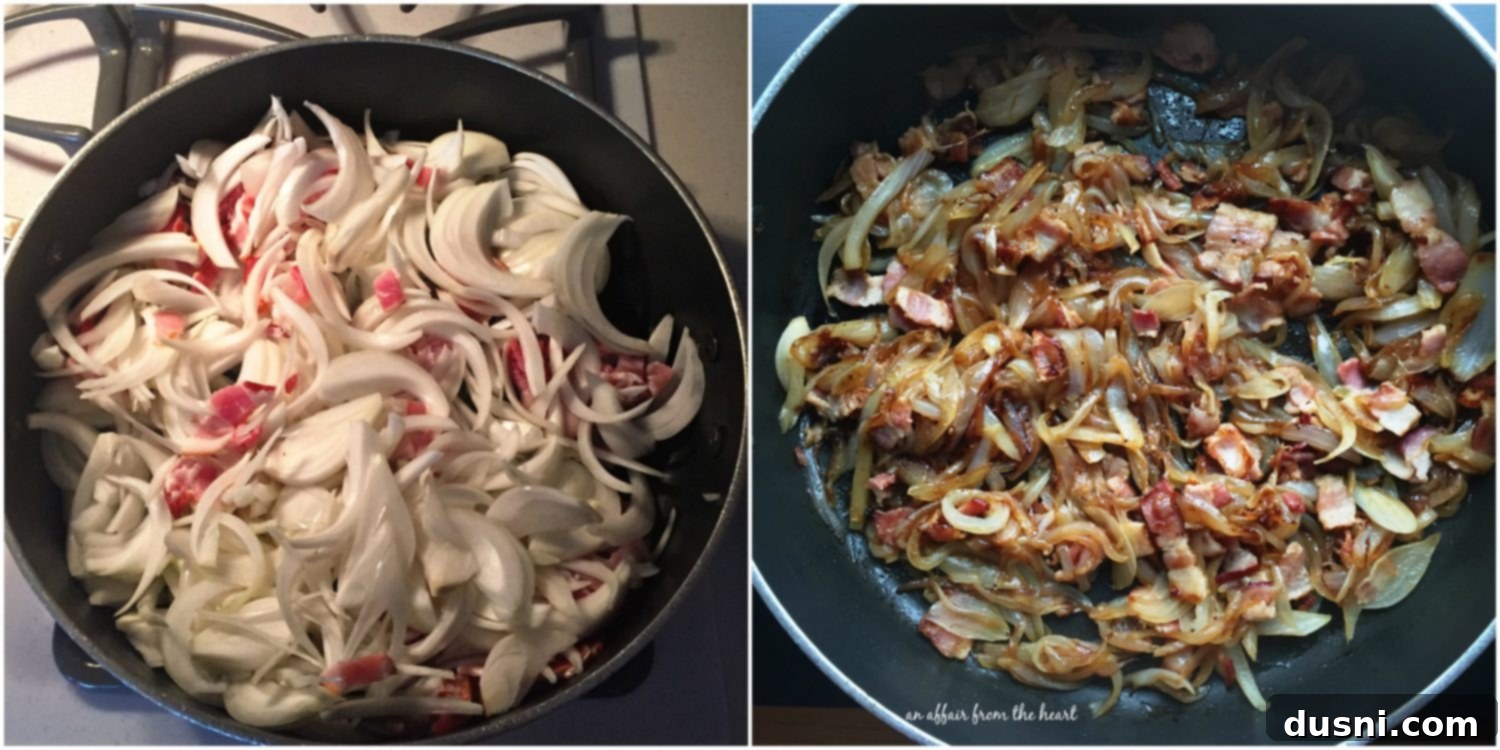 Freshly sliced onions, ready for caramelization, the first step to German Onion Pie