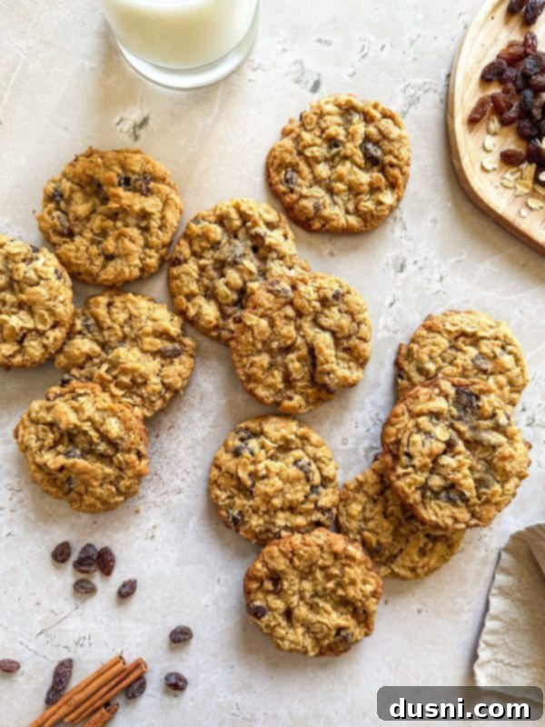 Grandma Jane's Signature Oatmeal Raisin Treats 12 Freshly baked chewy oatmeal raisin cookies on a cooling rack