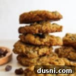Grandma Jane's Signature Oatmeal Raisin Treats 16 Grandma Jane's Oatmeal Raisin Cookies stacked on a table.