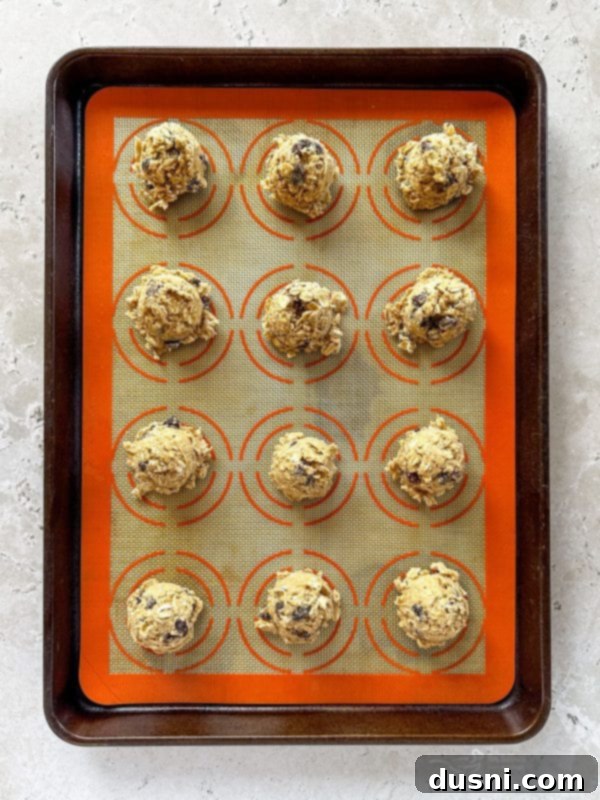 Grandma Jane's Signature Oatmeal Raisin Treats 9 Scooping oatmeal raisin cookie dough onto a baking sheet
