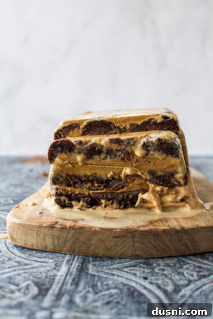 A slice of Coffee & Donuts Ice Cream Cake, showing layers of coffee ice cream and chocolate donut pieces.