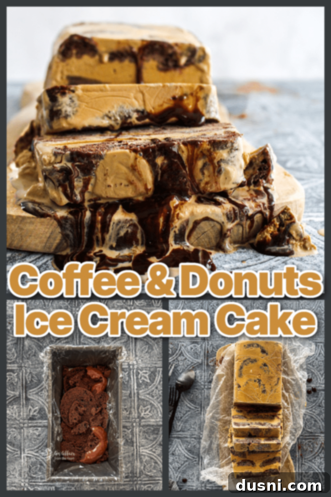 A slice of Coffee & Donuts Ice Cream Cake with a fork, ready to eat.