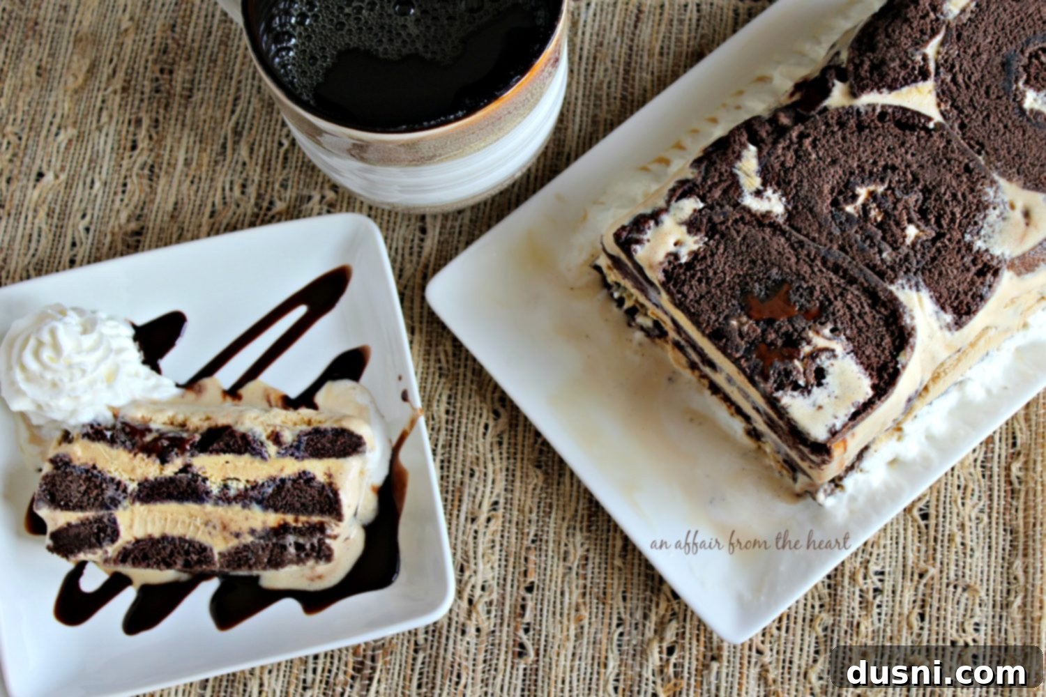 Overhead shot of a full Coffee & Donuts Ice Cream Cake, ready to be sliced.
