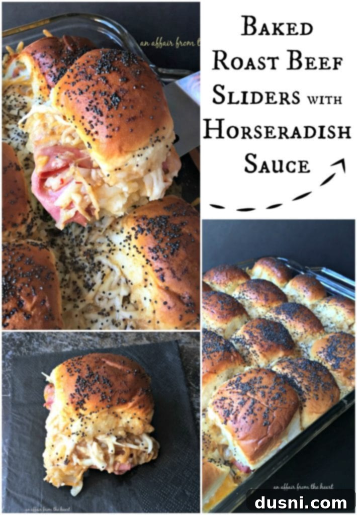 Baked Roast Beef Sliders with Horseradish Sauce - An Affair from the Heart, showing a slider lifted from the pan.