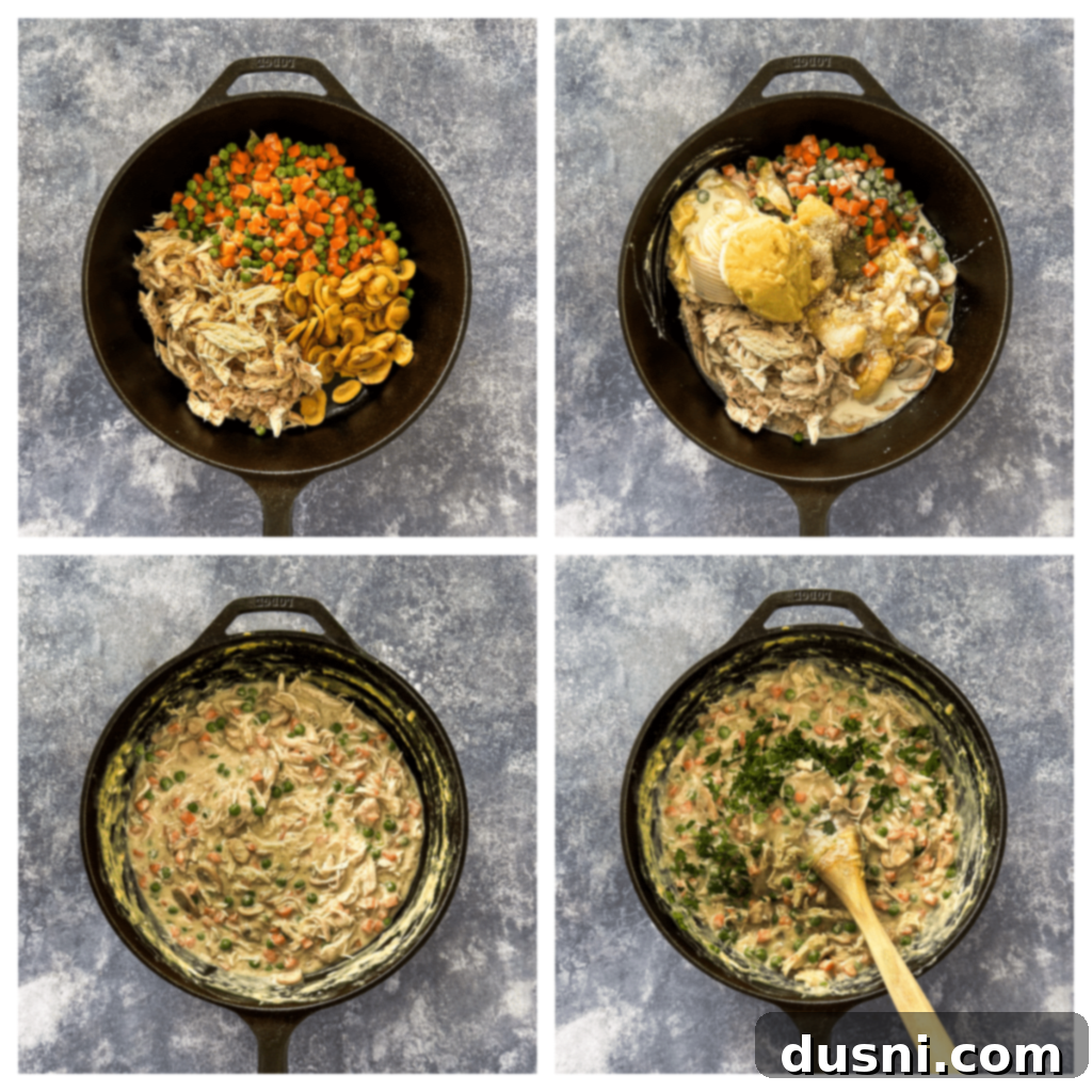 Step-by-step graphic instructions for Chicken à la King.