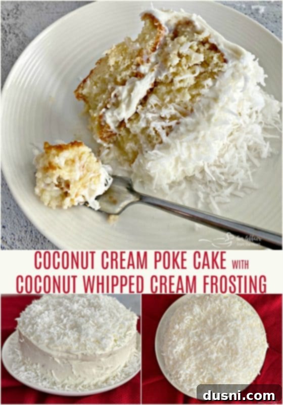 Coconut Cream Poke Cake with Coconut Whipped Cream Frosting, ready to be served.