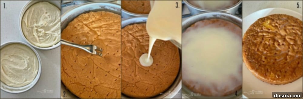 Stages of preparing a Coconut Cream Poke Cake with Coconut Whipped Cream Frosting.