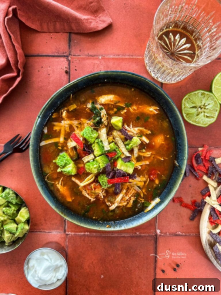 A beautifully garnished bowl of Slow Cooker Chicken Enchilada Soup