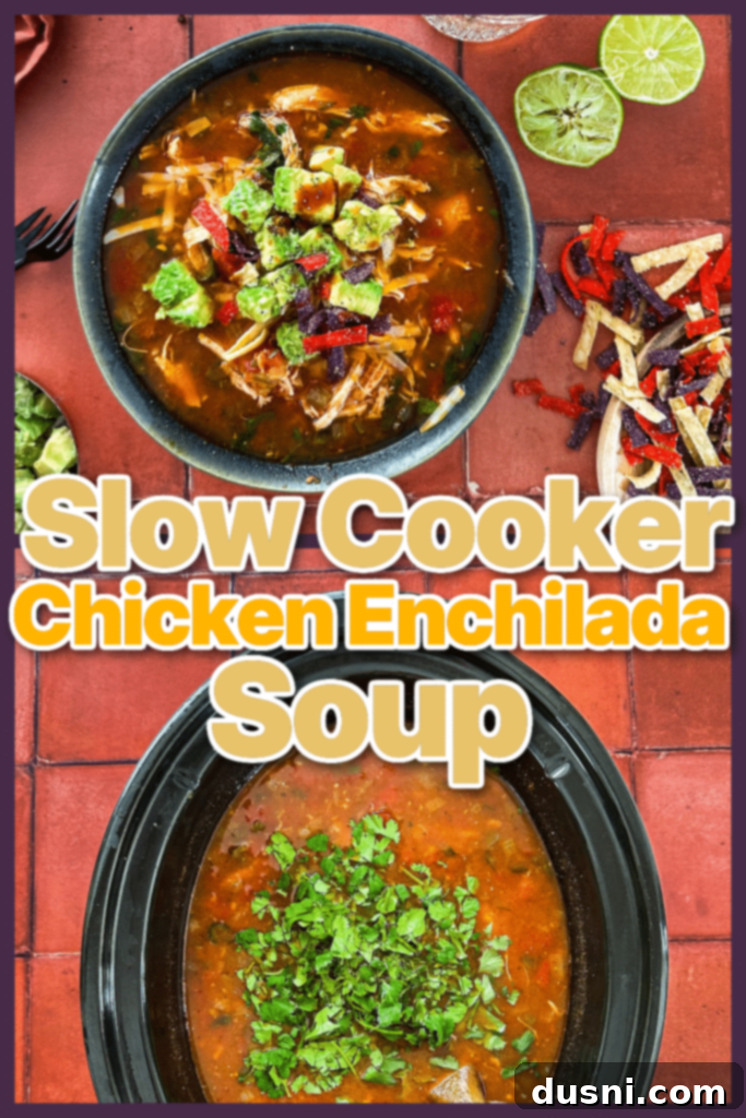 Overhead shot of Slow Cooker Chicken Enchilada Soup with various toppings