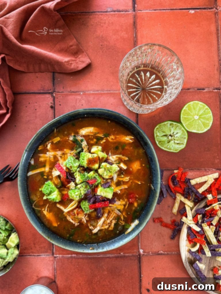 Close-up of the rich texture of the chicken enchilada soup