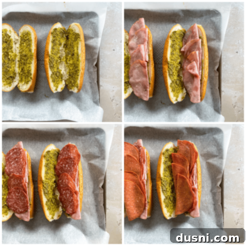 Crispy Italian Sub Melts 12 Hands assembling a Toasted Italian Sub Sandwich on a baking sheet