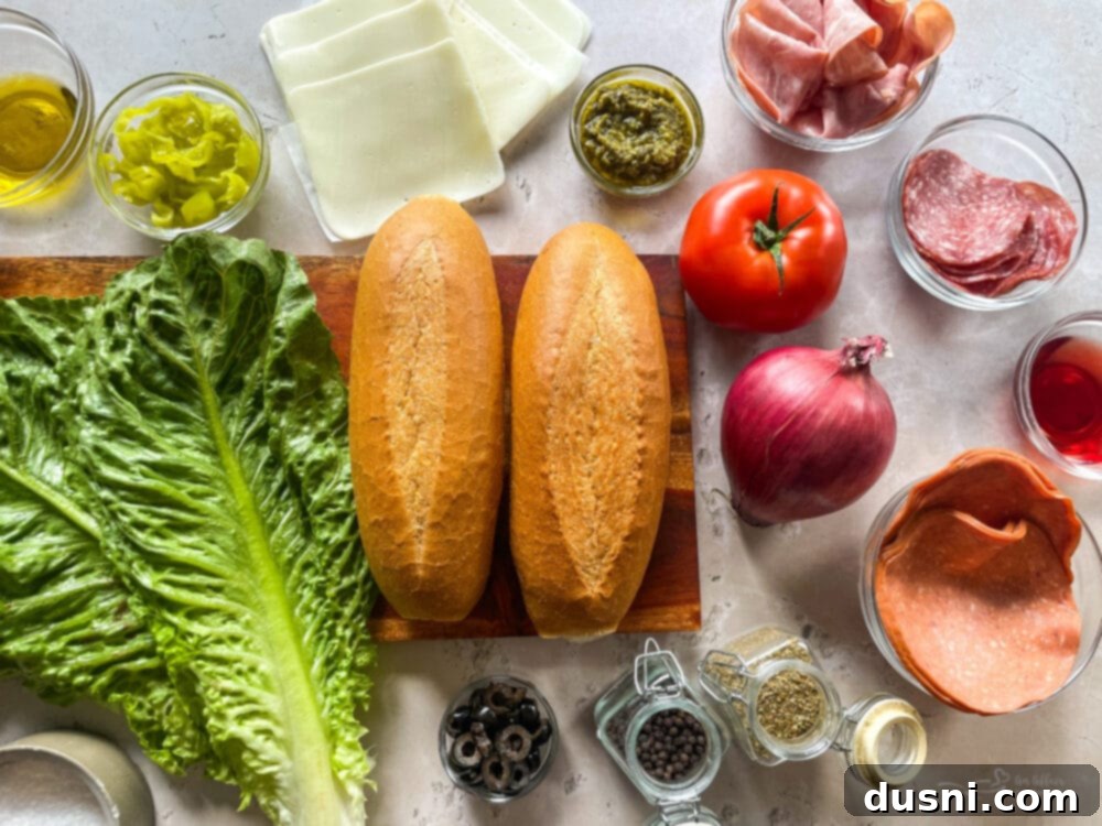 Crispy Italian Sub Melts 7 Assortment of fresh ingredients laid out for Toasted Italian Sub Sandwiches