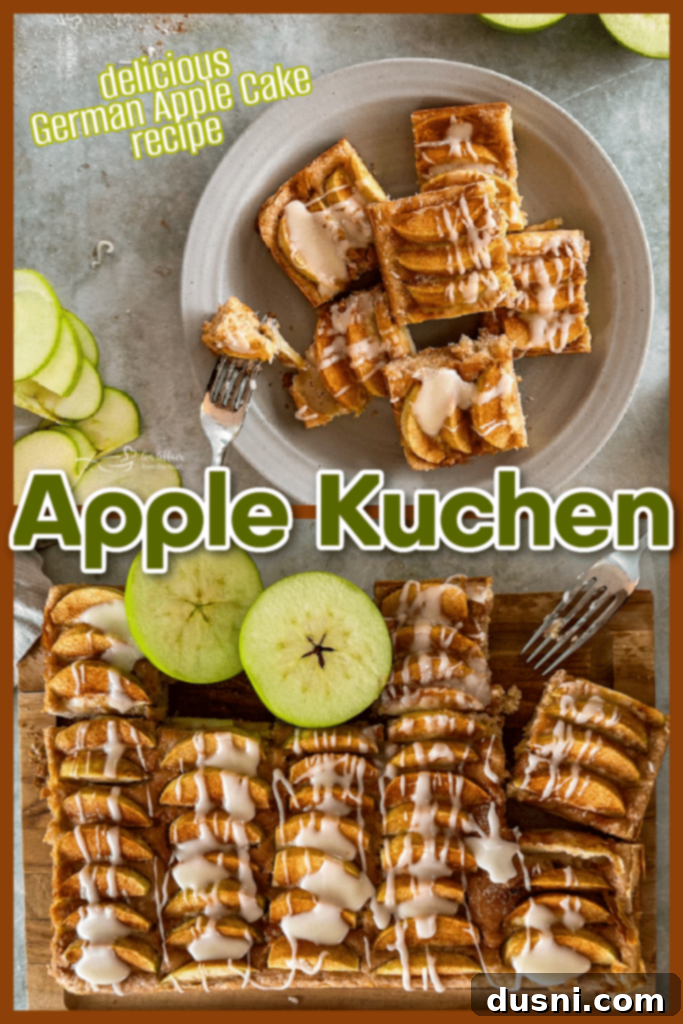 Traditional German Apple Kuchen 12 A perfectly sliced piece of German Apple Cake (Apple Kuchen) on a small plate.