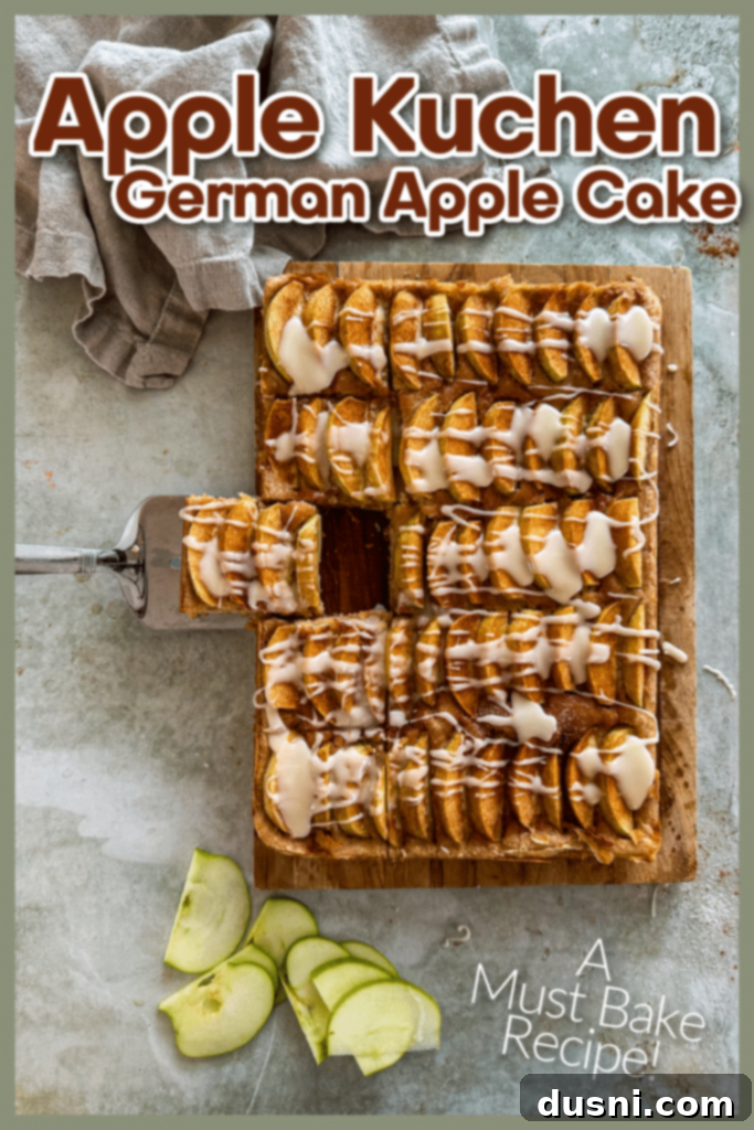 Traditional German Apple Kuchen 14 Another perspective of the glazed Apple Kuchen, cut into slices.