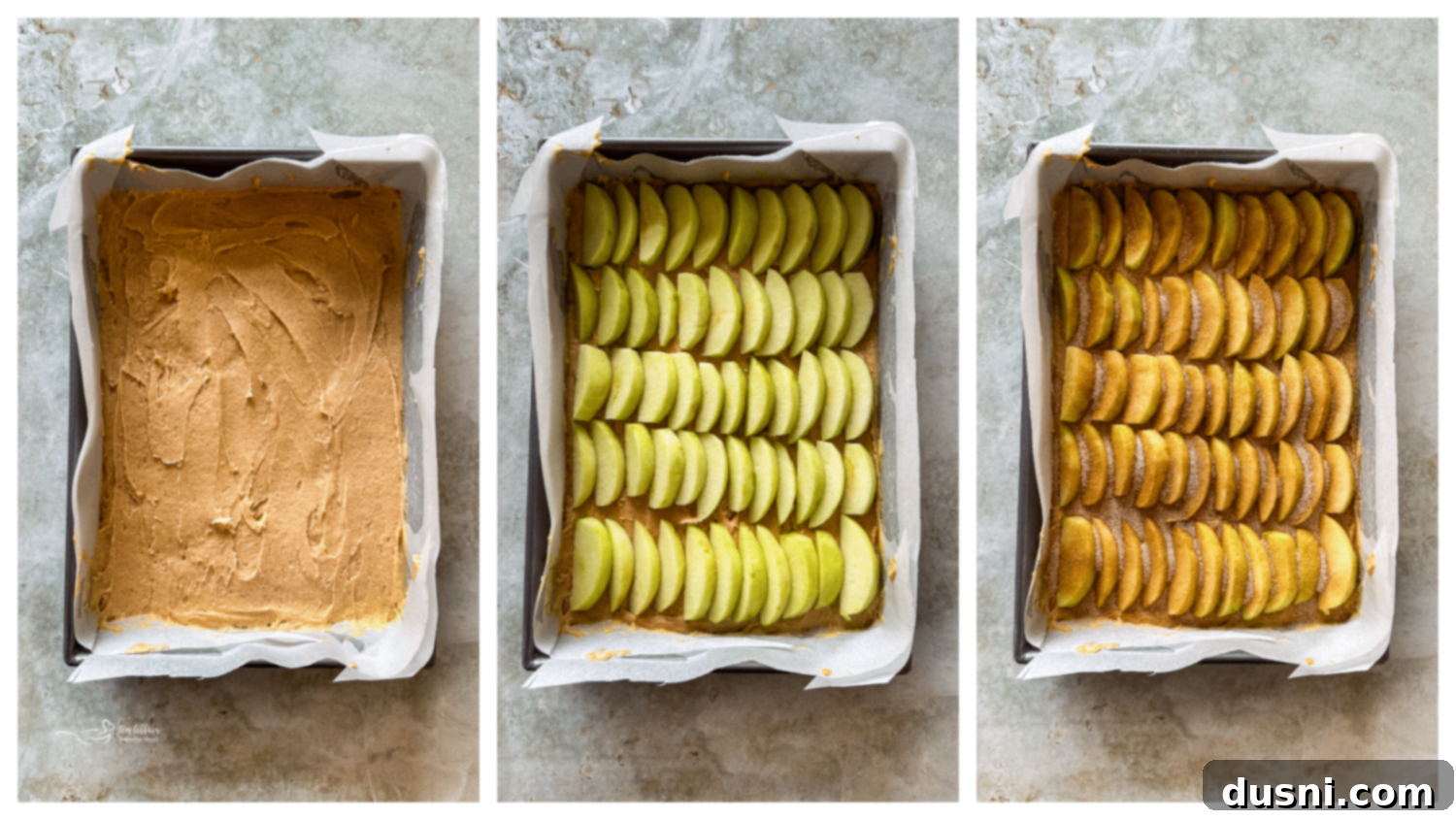 Traditional German Apple Kuchen 9 Cake batter spread evenly in a baking pan.