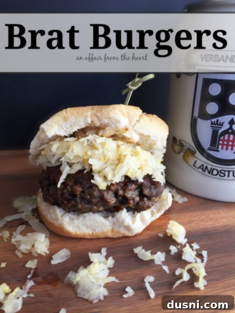 Hearty Brat Burgers 2 Close-up of a juicy Brat Burger with sauerkraut on a bun