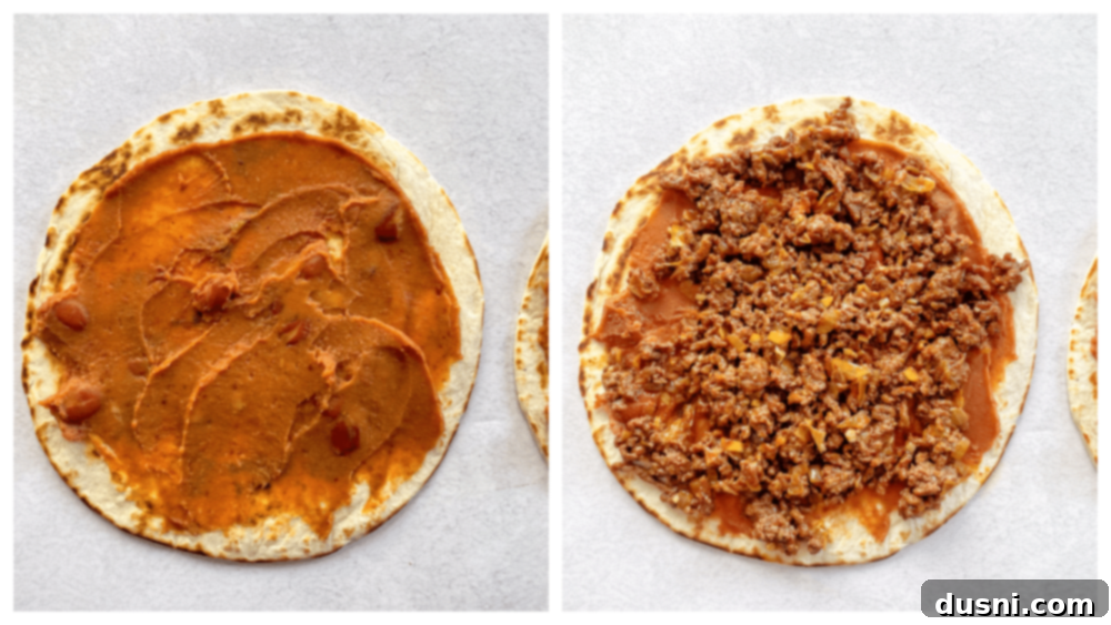 Assembling a Mexican Pizza with refried beans and seasoned ground beef on a crispy tortilla.