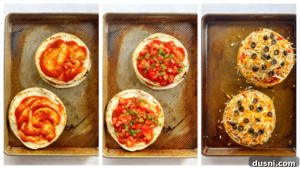 Adding salsa, tomatoes, green onions, and cheese to a Mexican Pizza.