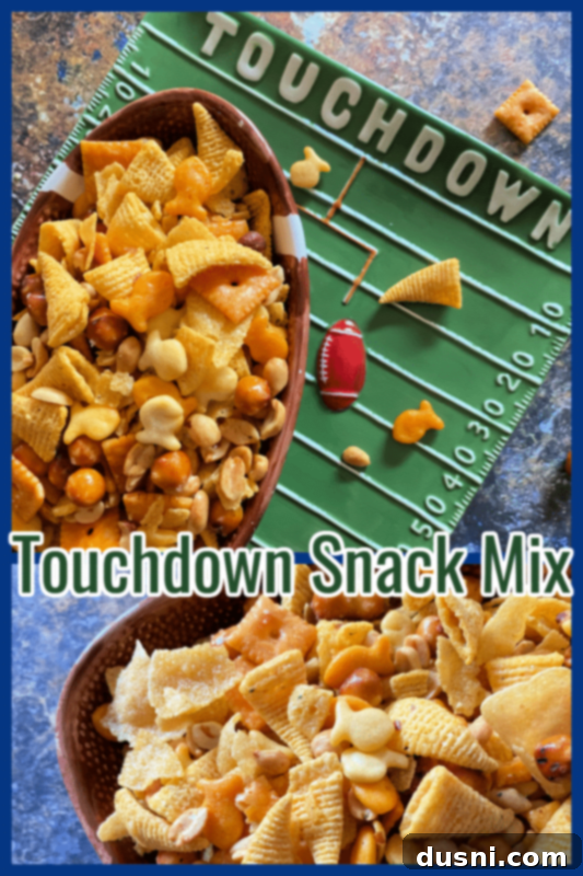 Touchdown Snack Mix in a branded bowl with text overlay.