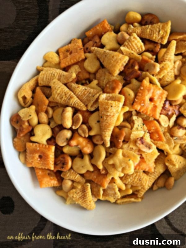 A close-up shot of the Touchdown Snack Mix in a rustic bowl, ideal for social media sharing.