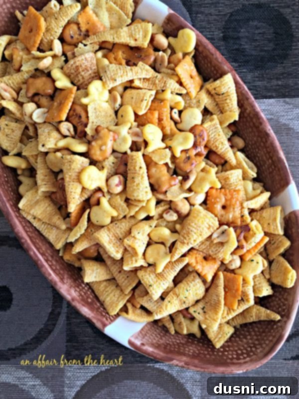 Another shot of Touchdown Snack Mix in a bowl, perfect for a gathering.