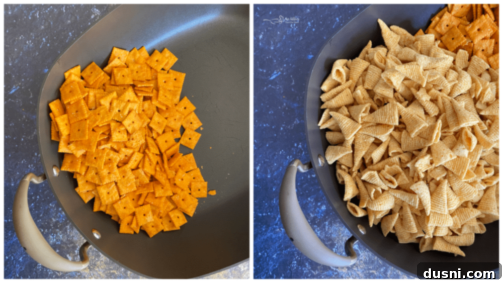 Empty large roasting pan ready for snack mix ingredients.