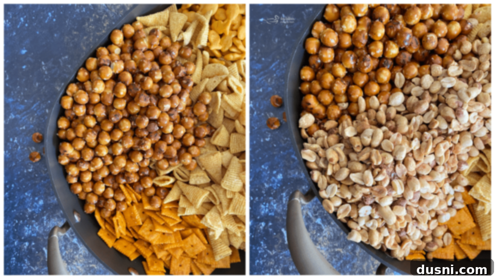 The dry snack ingredients are gently mixed together in the roasting pan.
