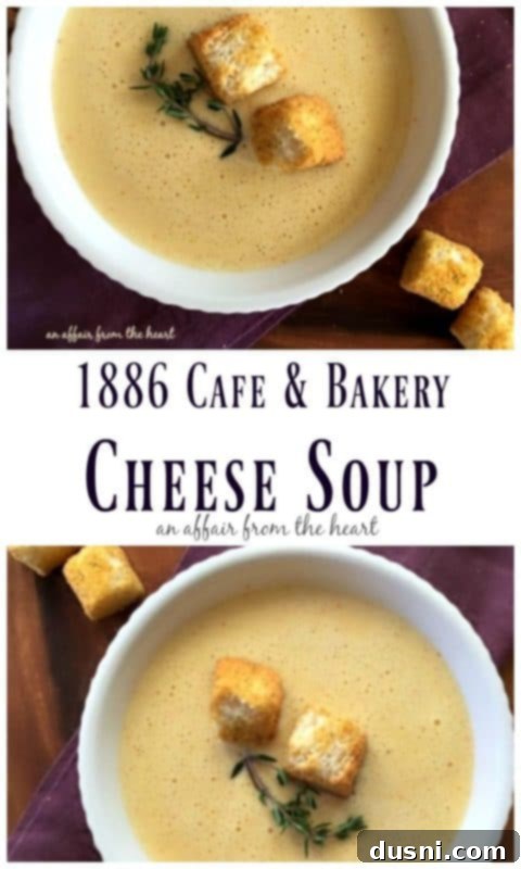 Close-up of the rich, golden 1886 Cafe & Bakery Cheese Soup, a signature dish from The Driskill Hotel in Austin, TX