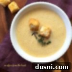 overhead of 1886 Cafe & Bakery Cheese Soup in a white bowl