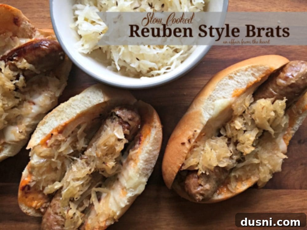 Reuben Brats: Slow-Cooked, Savory, Sensational 2 Delicious Slow Cooked Reuben Style Brats on a hoagie roll with sauerkraut and melted Swiss cheese