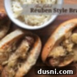 Reuben Brats: Slow-Cooked, Savory, Sensational 11 Overhead shot of 3 Reuben-style brats and a bowl of sauerkraut, enticingly presented.