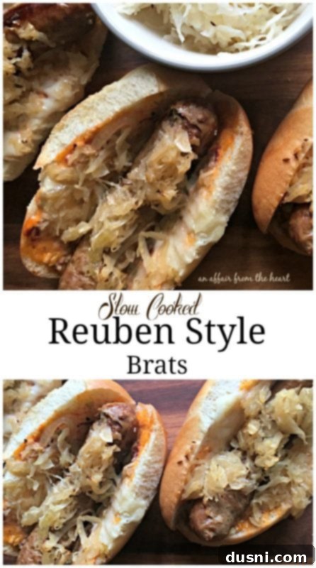 Reuben Brats: Slow-Cooked, Savory, Sensational 3 Overhead view of Slow Cooked Reuben Style Brats, highlighting the delicious combination of bratwurst, sauerkraut, and melted cheese