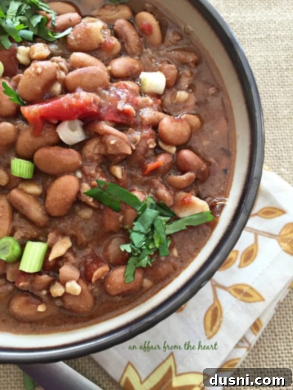 Southwestern Pinto Bean Soup - A side view of a bowl of the soup, showcasing its texture and rich color.