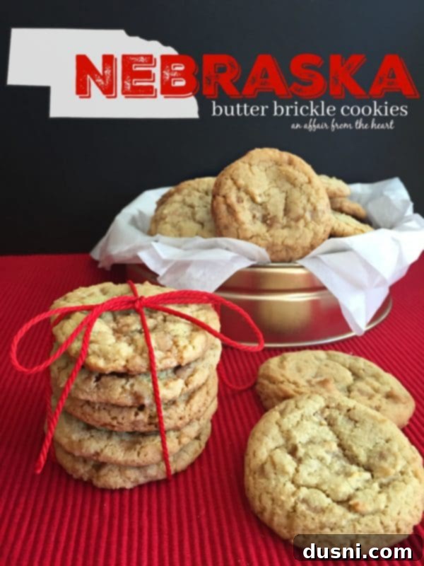 Golden Toffee Crunch Cookies 2 Delicious homemade Butter Brickle Cookies stacked on a plate, representing Nebraska's unique flavor
