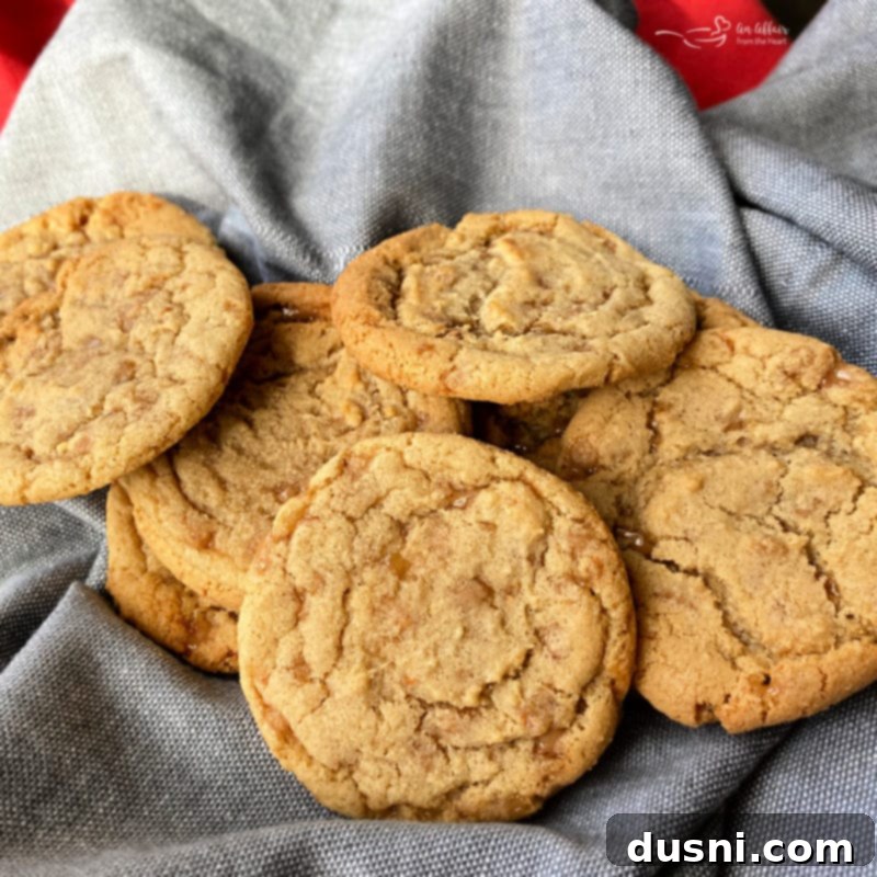 Golden Toffee Crunch Cookies 16 An inviting plate of various Butter Brickle Cookies, showcasing different angles and textures