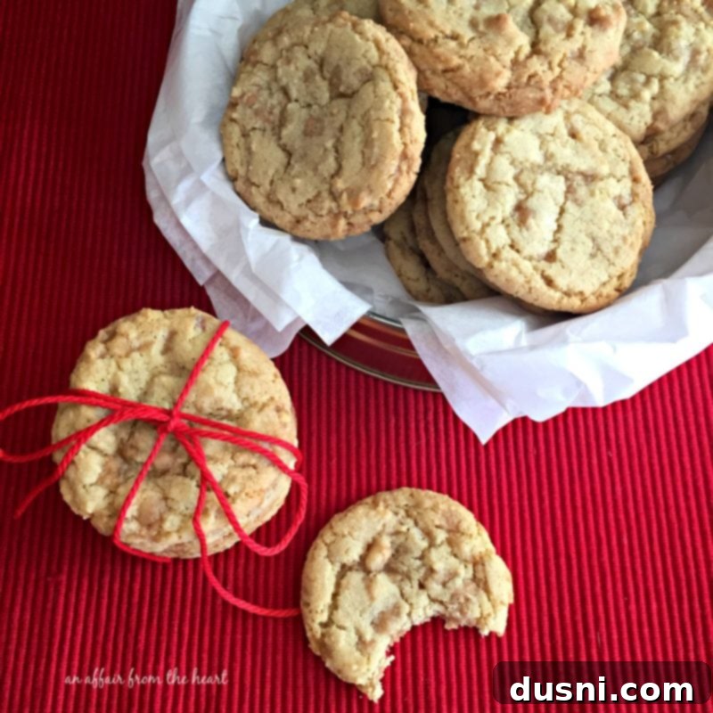 Golden Toffee Crunch Cookies 6 A beautifully arranged plate of freshly baked Butter Brickle Cookies, ready to be served