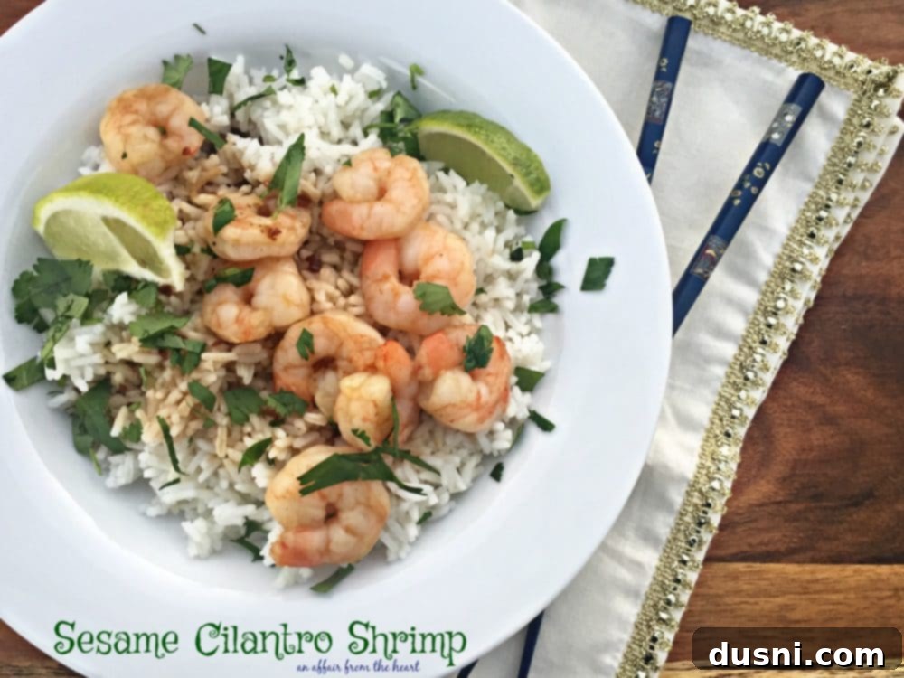 Zesty Sesame Cilantro Shrimp 6 Sesame Cilantro Shrimp in a white bowl with rice, garnished