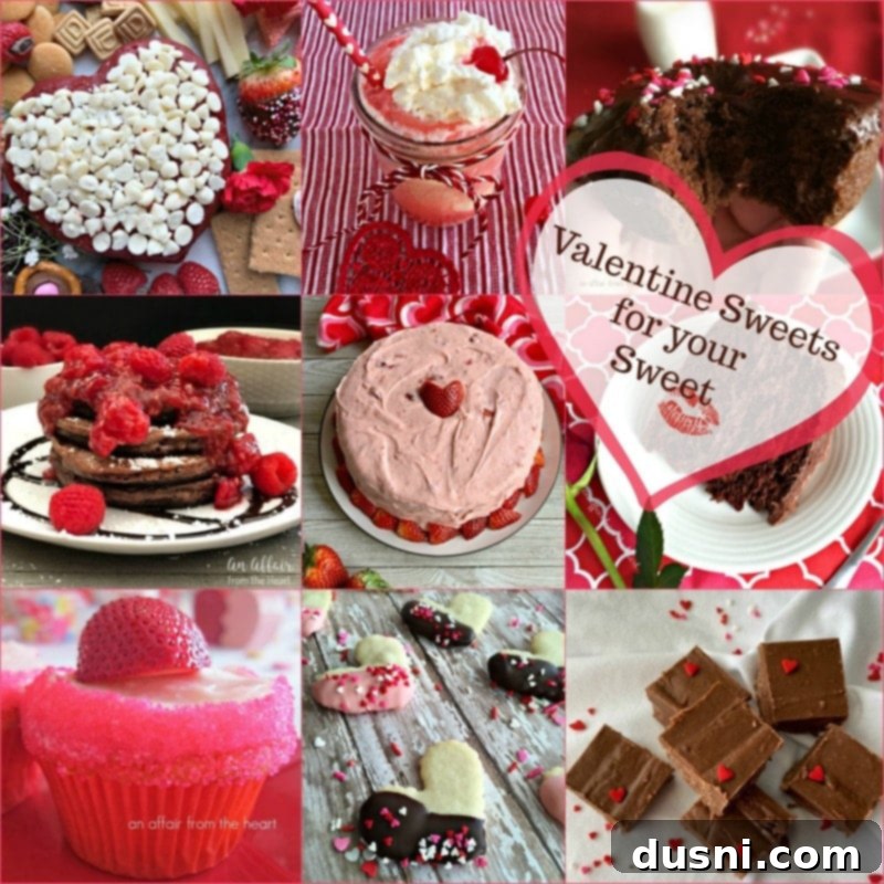 A vibrant collage of various Valentine's Day desserts, including heart-shaped cookies, chocolate-covered treats, and red velvet cakes, perfect for your sweet celebration.
