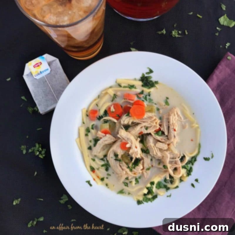 Overhead shot of Spicy Chicken Noodle Soup bowls and Lipton Iced Tea