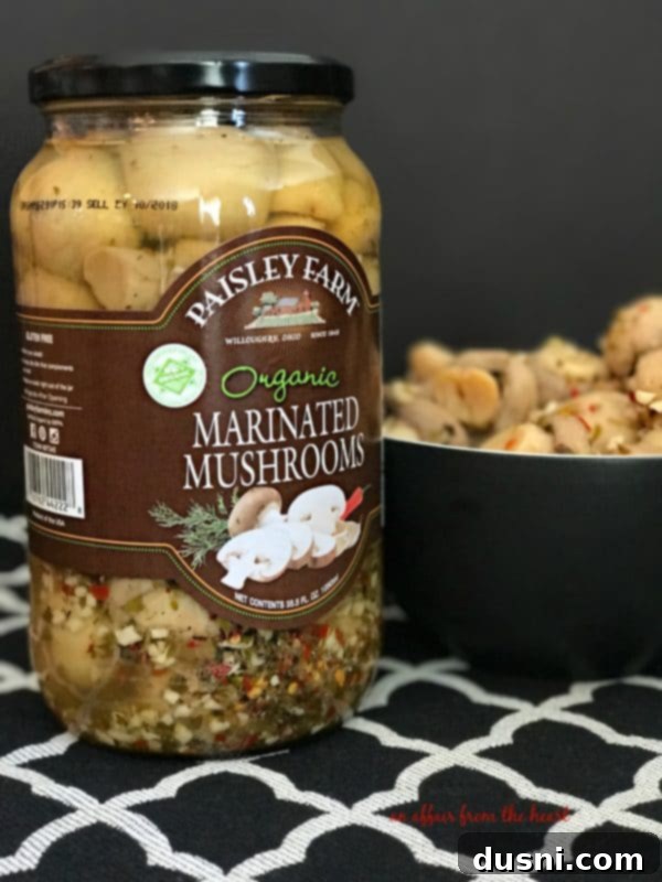 Savory Italian Chicken And Mushroom Starters 3 Jar of Paisley Farms Organic Marinated Mushrooms with a label showing organic certification