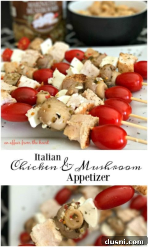 Savory Italian Chicken And Mushroom Starters 4 Italian Chicken & Mushroom Appetizer skewers ready to be served