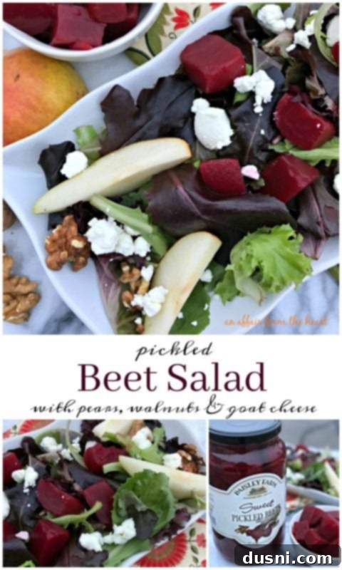 Overhead shot of a colorful Pickled Beet Salad with Pears, Walnuts & Goat Cheese