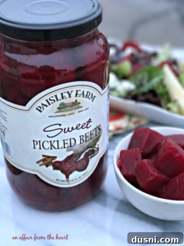 Jar of Paisley Farm Sweet Pickled Beets, a key ingredient for a delicious and healthy salad