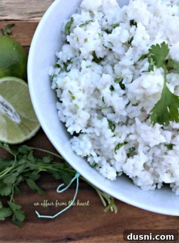Close-up of fluffy Cilantro Lime Rice in a bowl with a lime wedge