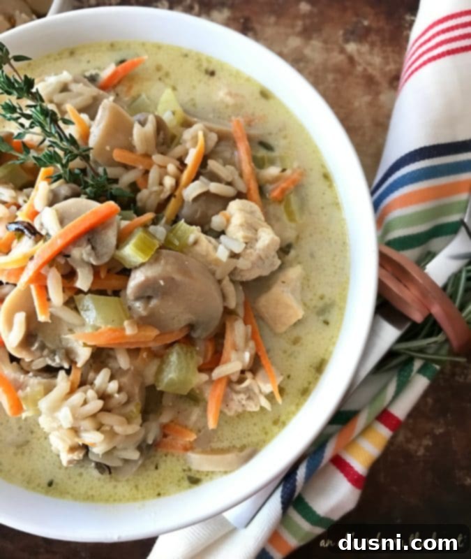 A close-up shot of a bowl of creamy Chicken, Mushroom & Wild Rice Soup, highlighting its hearty texture.