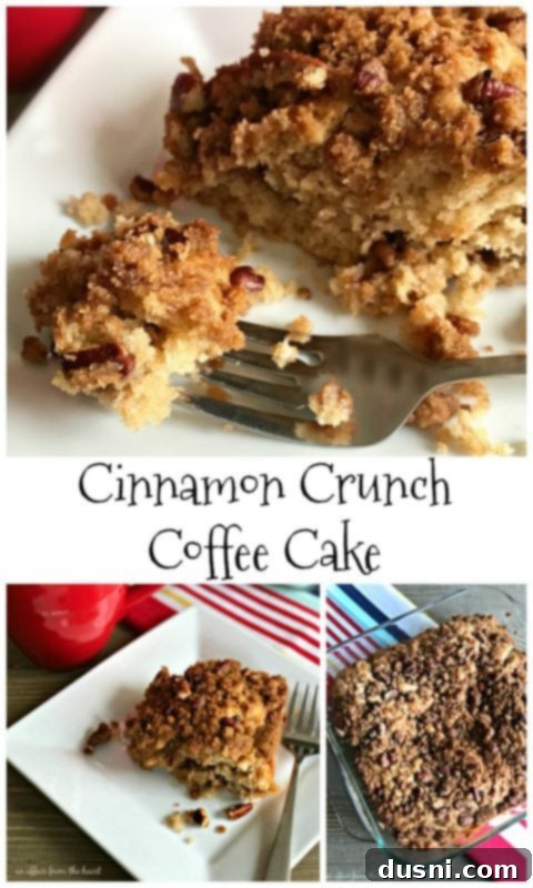 Golden Cinnamon Streusel Coffee Cake 3 A whole Cinnamon Crunch Coffee Cake baked in an 8x8 pan, ready to be sliced, emphasizing the rich, golden-brown topping.