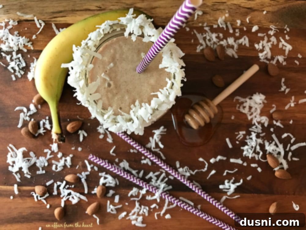 Close up of Nutty Monkey Smoothie with a coconut rim