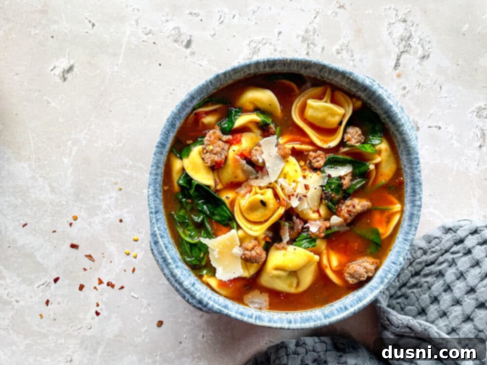 Close-up of a bowl of hearty tortellini soup with sausage and spinach, garnished with cheese
