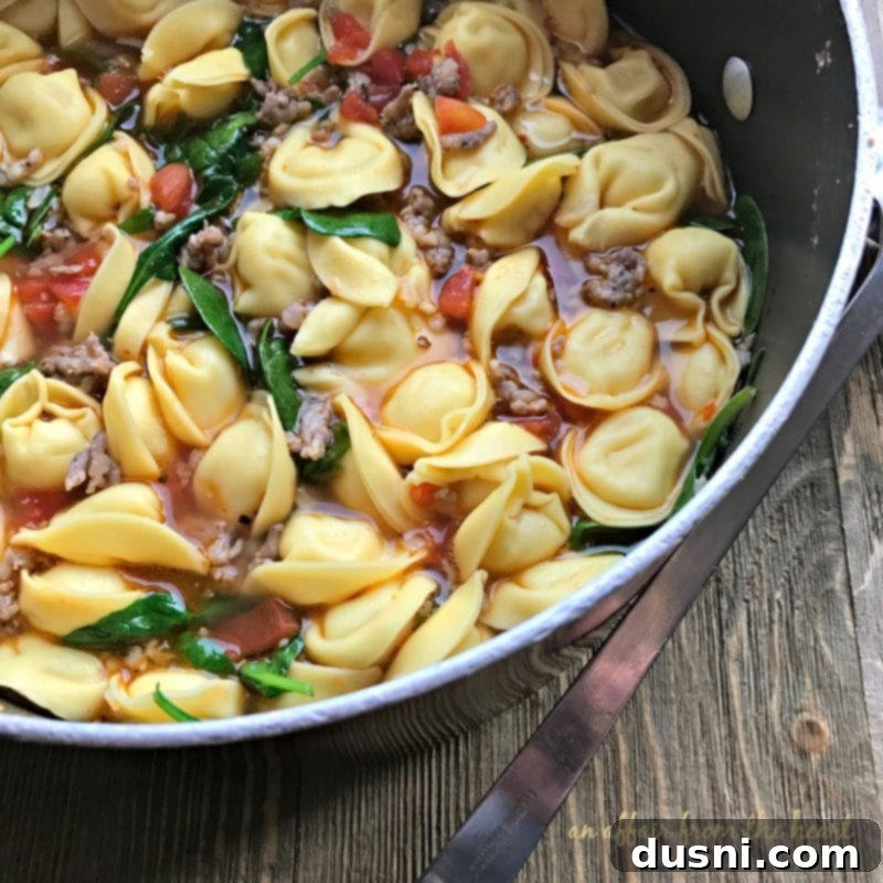 A bowl of hot tortellini soup with sausage and spinach, ready to eat