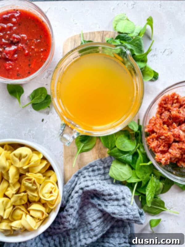 Bowl of Italian sausage tortellini soup with fresh spinach